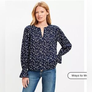 NWT Loft navy Petite Bloom split neck long sleeve blouse size petite xsmall